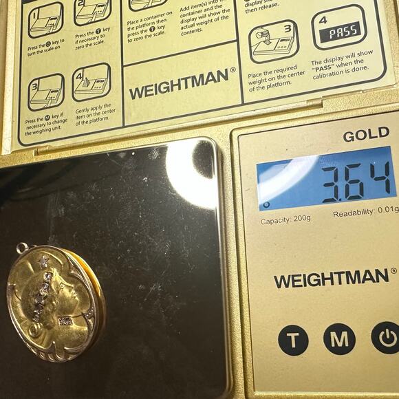 Antique Art Nouveau solid 18kt gold rose cut natural diamonds cameo pendant - Picture 10 of 10